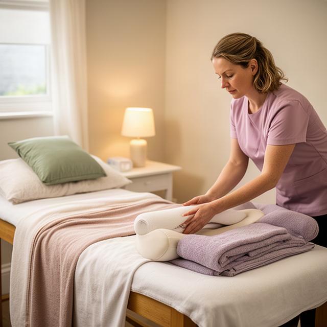 Therapist arranging cushions beside a treatment bed in a softly lit Cornwall spa room